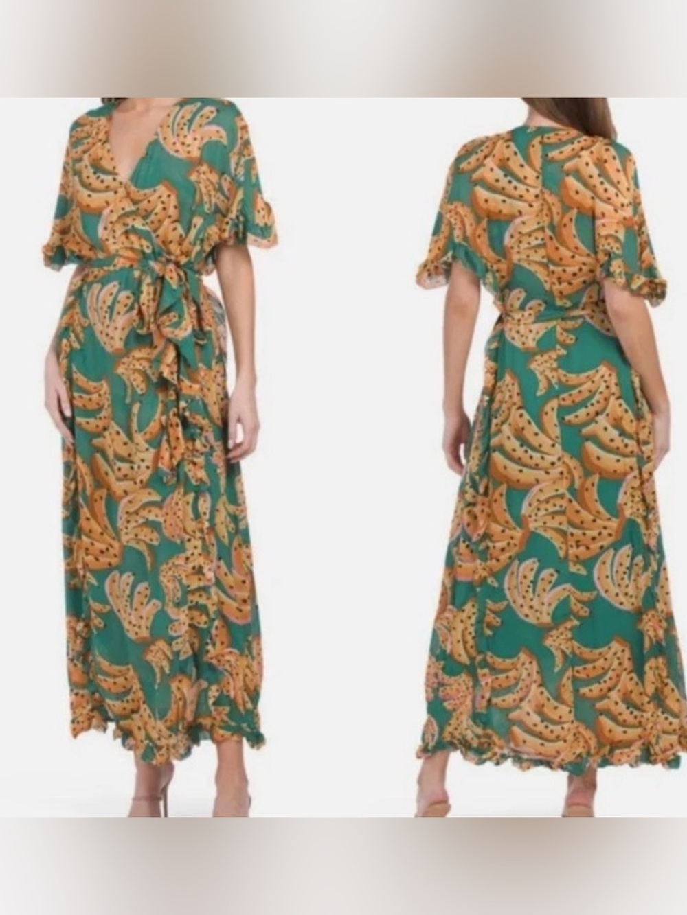 FARM Rio Green Maxi Dress with Yellow Banana Print